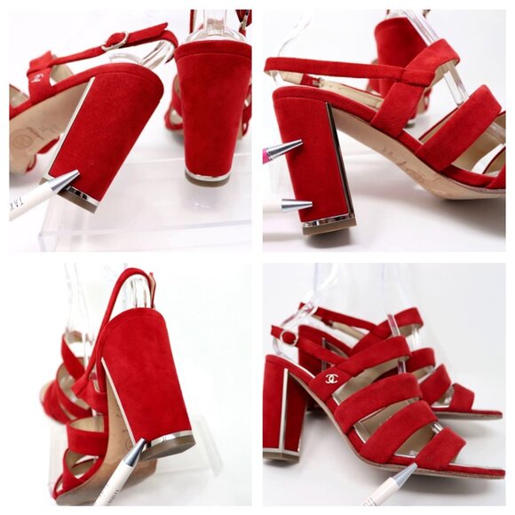 CHANEL 38 Red Suede Multi Strap CC Sandal High Heel Silver Logo & Trim - Picture 15 of 15